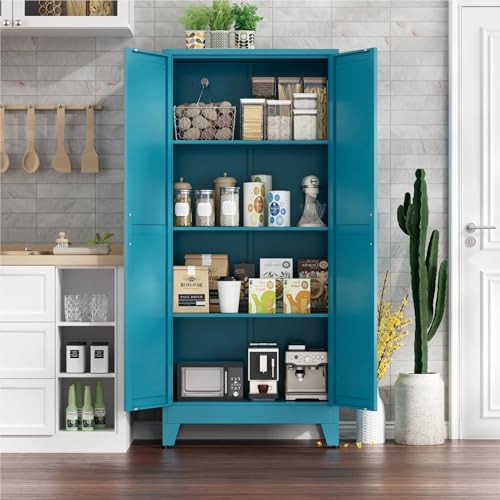 Image of Farmhouse Pantry Cabinet with Barn Doors,61 inch H x 27.5 inch W,Metal Cabinet with Adjustable Shelves,4-Tier Storage Cabinet for Kitchen Dining Room Garage,Blue 1 Pack
