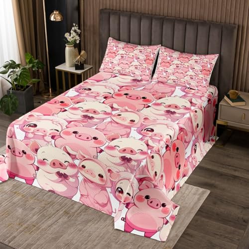 Homewish Lovely Pigs Bedding Set,Cartoon Cute Pink Pig Bedspread for Kids Girls Teens,Watercolor Kawaii Animals Patchwork Coverlet Set with 2 Pillowcases,Queen Size 3 Pcs