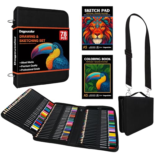 DagouColor Zeichnungsbleistifte Schultertasche, 76 Farbige Bleistifte Zeichnungsset, Skizzensatz mit 3-Farbe Skizzenbuch, Färbungsbuch, Kunstversorgung für Künstler Anfänger Profis Zeichnungsmedien