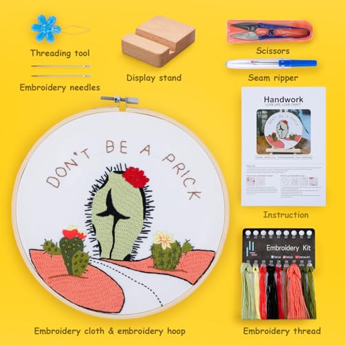 Image of BERYA Funny Cactus Embroidery Kit with Embroidery Hoop, Easy Embroidery Kit for Beginners, Include Instructions, Display Stand, Printed Cloth, Threads and Tools - with Video Tutorials (BEC005)