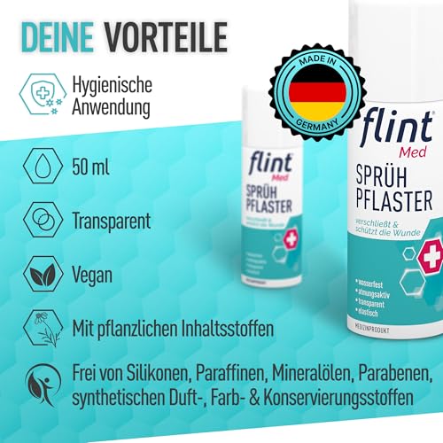 flint Med Sprühpflaster – Verschließt und schützt die Wunde, wasserfest, atmungsaktiv, elastisch und transparent, Pflasterspray klinisch bewährt, bis zu 80 Anwendungen, 50 ml