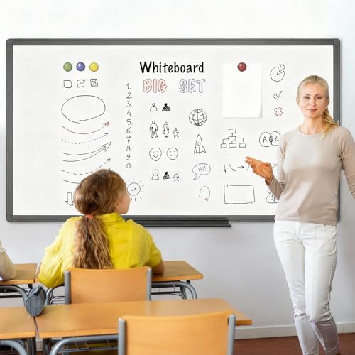 Image of VIZ-PRO Magnetic Dry Erase Board, 72 x 40 Inches, Black Aluminium Frame | Large Wall Mounted Whiteboard with Marker Tray for School Office and Home