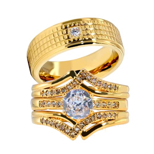 Couple Ring Bridal Set His And Hers Women 10k Yellow Gold Plated Round CZ Men Titanium Band Wedding Ring Band Set