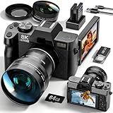 New 8K&64MP Digital Cameras for Photography&Video, Vlogging Camera for YouTube, Compact Camera with 64GB TF Card, WiFi,and Wide-Angle & Macro Len, AUTOFOCUS, 3-inch Flip Screen，2 Batteries（Black）