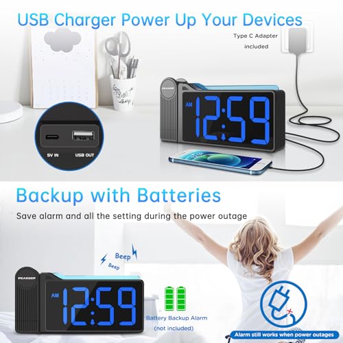 Peakeep Projection Alarm Clock for Bedroom Ceiling 180° Rotatable, Loud for Heavy Sleepers, Colorful Nightlight, 5 Brightness Dimmable Large Number Bedside Electric LED Digital Clock with USB Port by Peakeep - Image 7