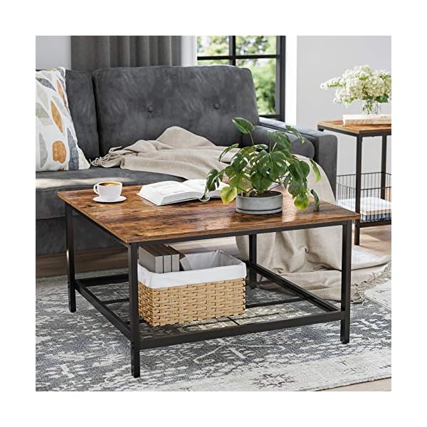 VASAGLE Coffee Table, Square Cocktail Table with Spacious Table Top, Robust Steel Frame and Mesh Storage Shelf, Industrial Style, for Living Room, Rustic Brown and Black LCT065B01 - Image 4