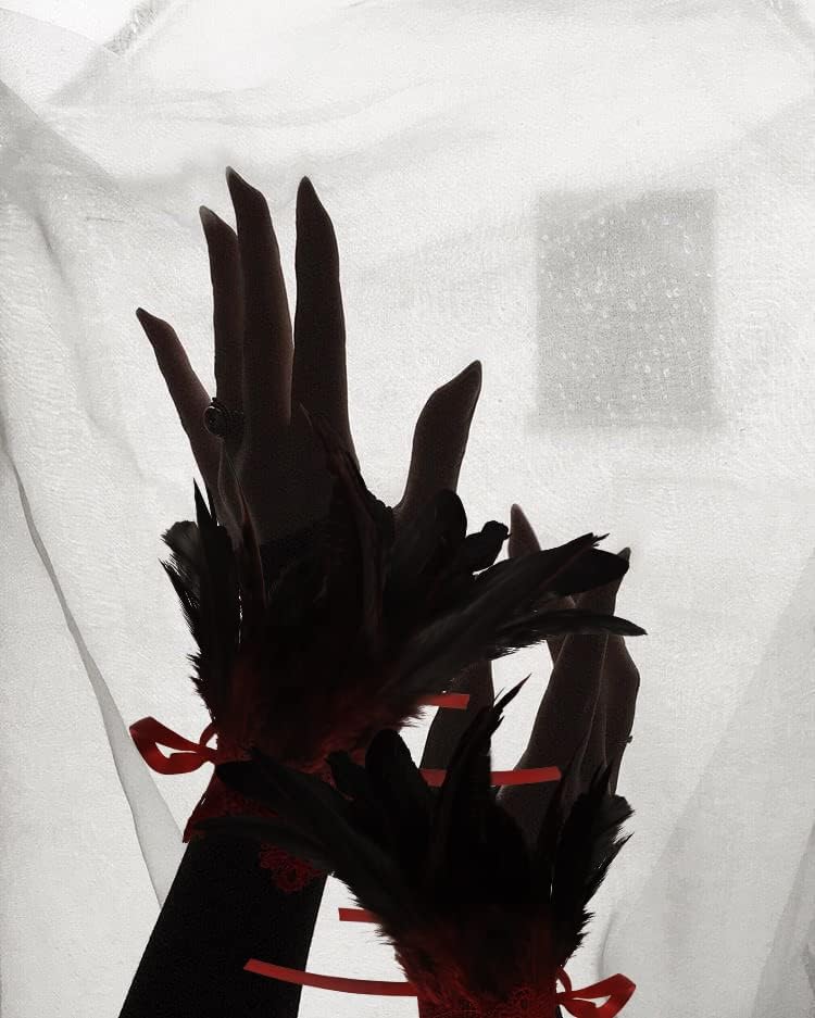 Black Lace Feather Gloves Cuffs for Women Cosplay Costume Accessories with Swan Wrist Bands - Image 4