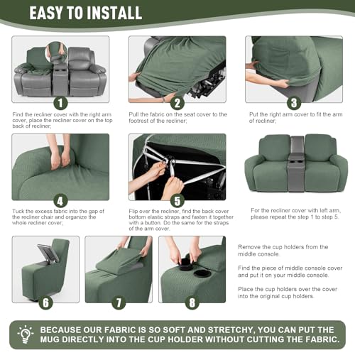 Image of KinCam Loveseat Recliner Covers with Middle Console Slipcover, Recliner Sofa Covers 2 Seat Couch Cover Stripe Jacquard Furniture Protector Covers with Elastic Bottom for Kids, Pets (Greyish Green)