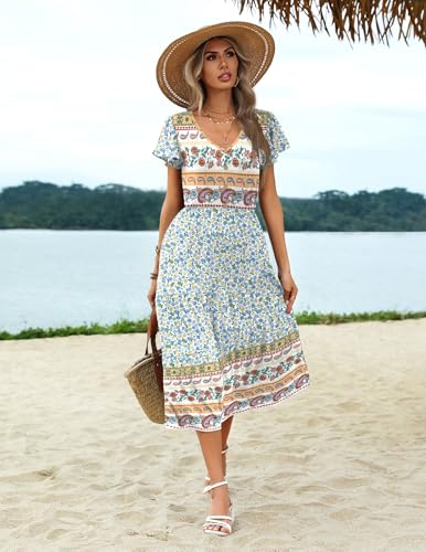 Image of Zeagoo Women's Summer Casual Dress Flutter Short Sleeve V Neck Button Down Tiered Flowy Long Dress with Pockets