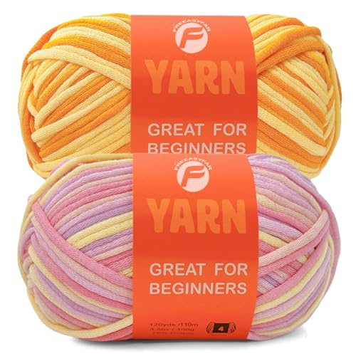 Image of 2 x 3.5Oz /120yds Beginner Easy Yarn for Crocheting and Knitting;Worsted-Weight Medium #4;Cotton Blend Yarn for Beginners Amigurumi DIY (Macron+Yellow)