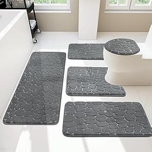 YIHOUSE 5 Piece Cobblestone Memory Foam Bath Mats, Extra Thick Non Slip Mats for Tub, Toilet and Floor, Water Absorbent, Washable Dark Grey Rugs