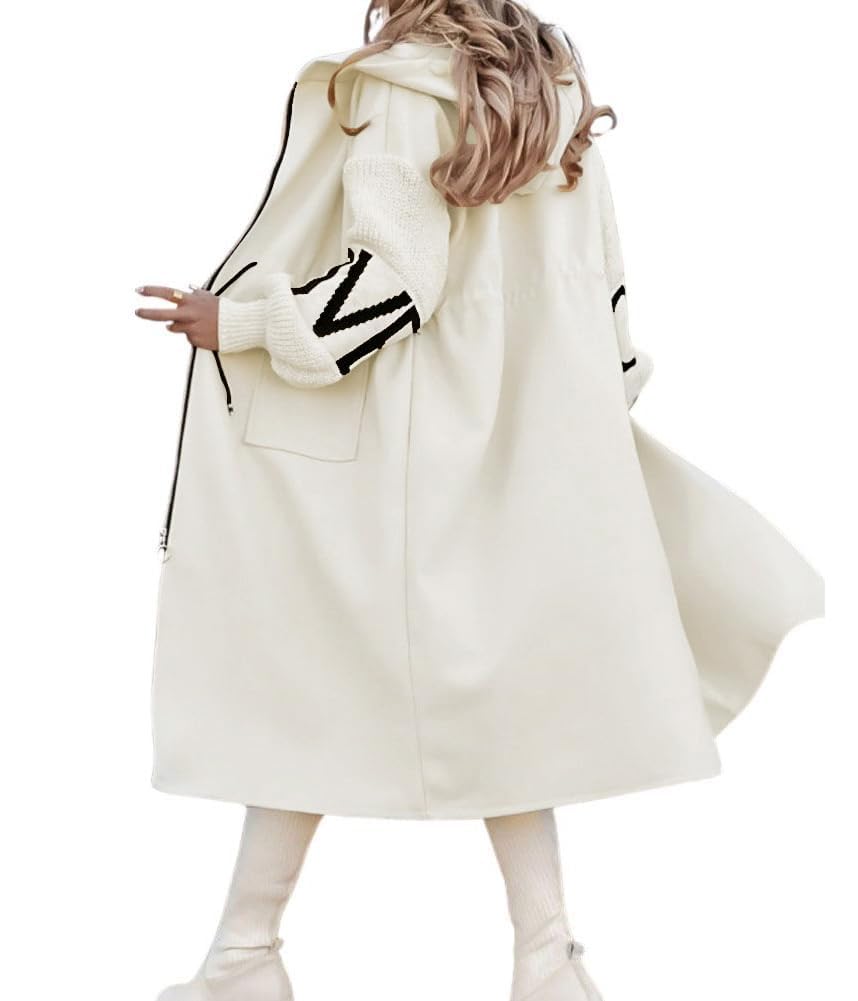 chouyatou Womens Casual Knitted Sleeve Wool Trench Coat Zip Up Hooded Wool Blend Overcoat with Pockets