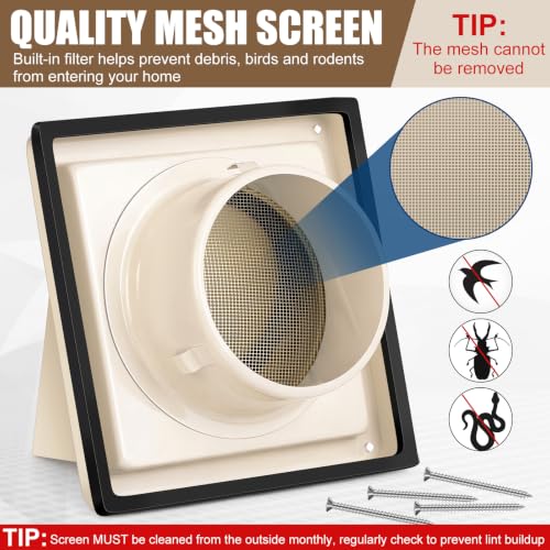 Image of Gisafai 4 Inch Dryer Vent Cover Outdoor with Stainless Steel Screen Tan Wall Dryer Exhaust Vent Cover External Cap Cushioned Non Return Flap with Sealing Gasket Grille, Bird /Insect Proof