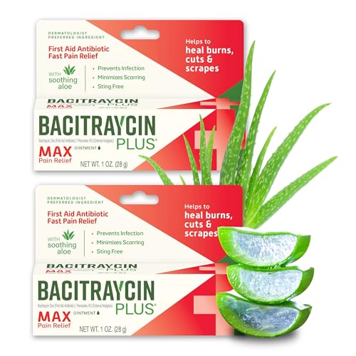Bacitraycin Plus Max Strength First Aid Kit Antibiotic Ointment Wound Healing + Pain and Itch Relief for Minor Cuts Scrapes or Burns with Bacitracin Zinc and Moisturizing Aloe Vera 1 oz 2 Pack