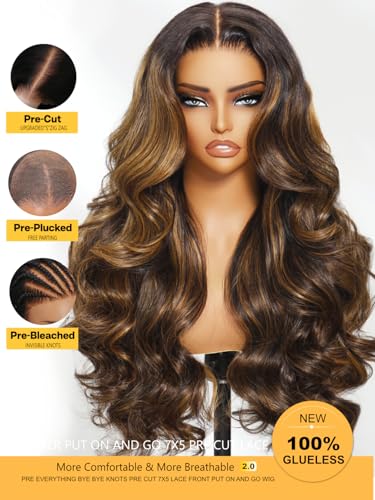 Image of Sunber Ombre Highlight Bye Bye Knots 7x5 Lace Front Glueless Human Hair 22 inch | Balayage Wavy Pre Everything Put On Go Pre Bleached Invisible Knots 150% Density