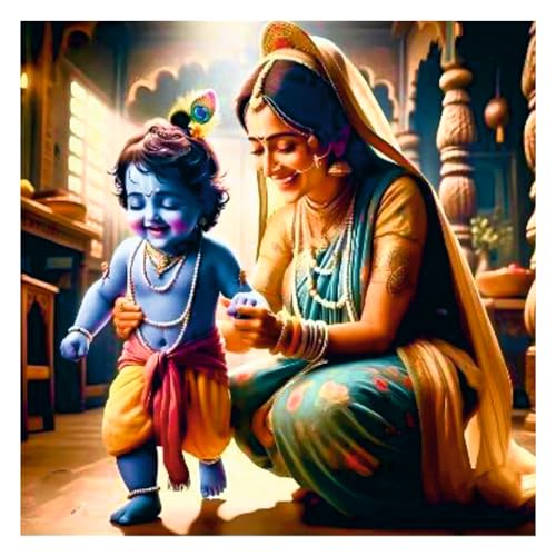 Image of Techgifti Baby Blue Krishna And yashoda Maa Chalna Wall Poster for Pooja Room, Office, Kids Room (Size- 46CM X 46CM)