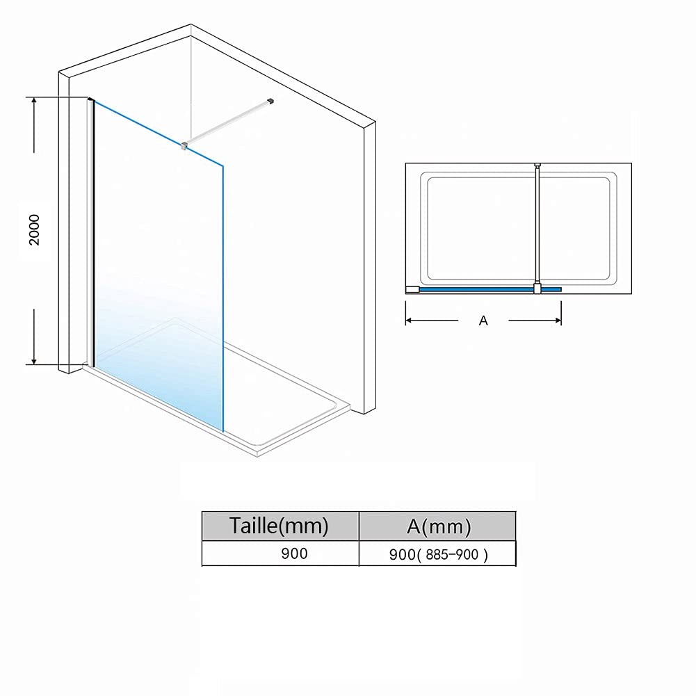SIRHONA Porte de Douche Coulissante 90x200 cm, Verre Trempé 8mm Transparent, Isolation Thermique, Étanche, Barre en Acier Inoxydable, Montage Murale Réglable -15mm, Design Moderne pour Salle de Bain
