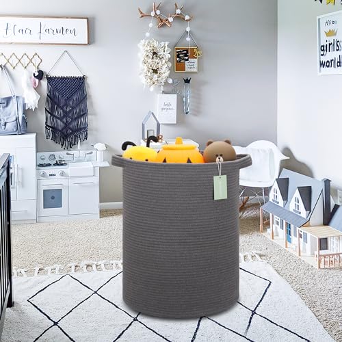 Image of Cotton Rope Blanket Basket, 72L Tall Laundry Hamper, Dark Gray