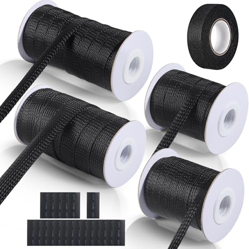132 ft Expandable Braided Cable Sleeve Wire Loom PET Wiring Sleeving Mesh Automotive Split Sheathing Wrap Management Heat Shrink for Audio and Other Home Device (1/2 in 1/4 in 3/8 in 3/4 in Black)
