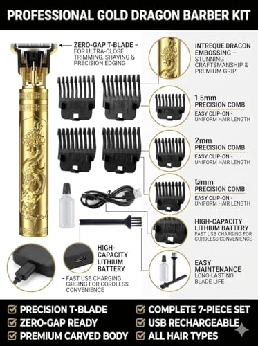 Image of T9 Professional Hair Trimmer for Men: Golden Cordless Zero-Gap T-Blade Clipper, USB Rechargeable Pro Barber Outliner & Edger with Shock Proof Body, Precision Detailer for Shaving & Grooming