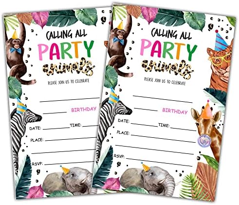 Safari Jungle Animals Birthday Party Invitations, Woodland Animals Birthday Invitations For Boys Girls, Kids Birthday Invites, Theme Birthday Party Decorations, 20 Invitations with 20 Envelopes - B10