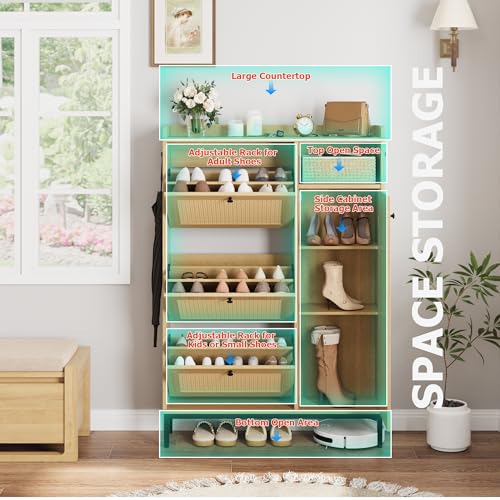 GarveeHome Shoe Cabinet Rattan with 3 Flip Drawers and 4-Tier Shoe Storage Cabinet, Freestanding Shoe Organizer with Adjustable Shelves for Entryway, Closet, Hallway (Oak)