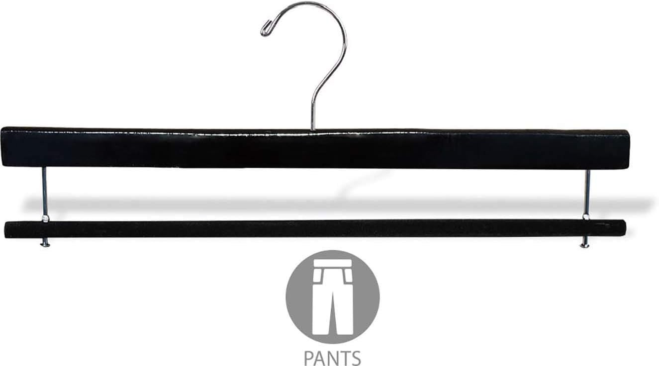 Premium Black Wood Pant Hanger with Black Velvet Non-Slip Bar Box of 12