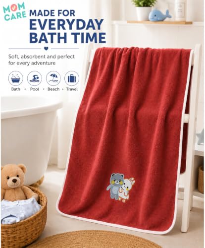 Image of MOM CARE Baby Kids Bath Towel 70x140 cm, Soft Microfiber, Quick Dry Red