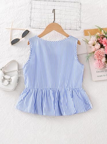 Image of Girls Bowknot Tank Tops Sleeveless Striped Shirts Cotton Peplum Babydoll Top