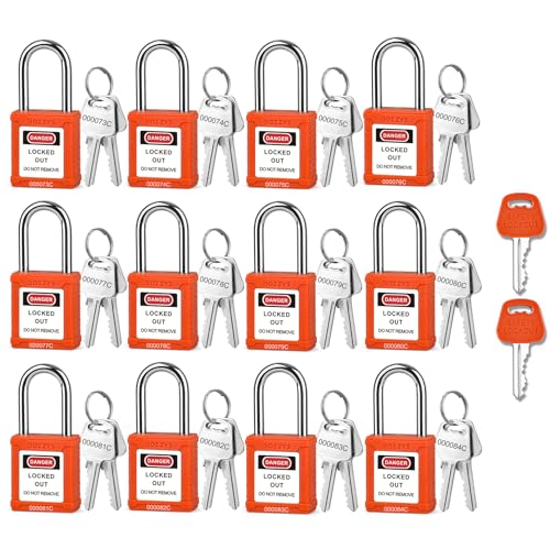 Image of Lockout Tagout Locks with 2 Master Keys｜12-Pack Orange OSHA Loto Lock｜Keyed Different & Laser Coding｜Lock Out Padlock Kits for Machinery & Electrical Panels