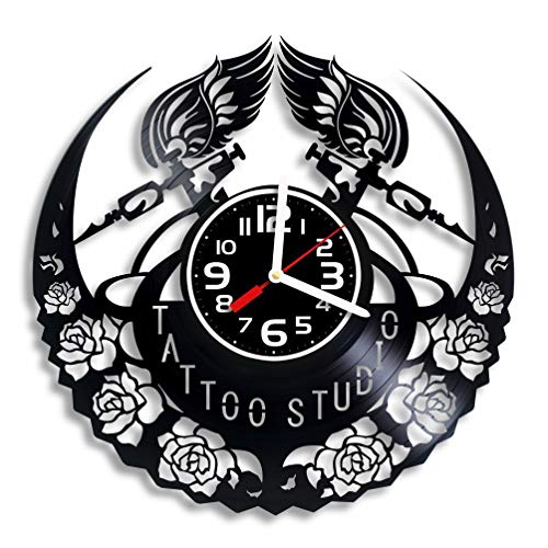Luchko Decor Complicatible with Tattoo Studio Vinyl Wall Clock, Tattoo Shop Tattoo Machine, Tattoo Studio Sign, Exclusive Tattoo Salon, Hipster Men Gift, Tattoo Studio Arts Gift for Any Occasion