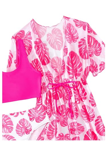 Milumia Girl's 3 Pieces Swimsuits Tropical Print Scoop Neck Bathing Suits with Kimono Cover Ups Hot Pink 9Y4