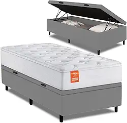 Cama Box Baú Colchão Solteiro Molas Ensacadas Real 88x188x68cm Branco/Cinza Inducol - Suporta até 130kg por Pessoa