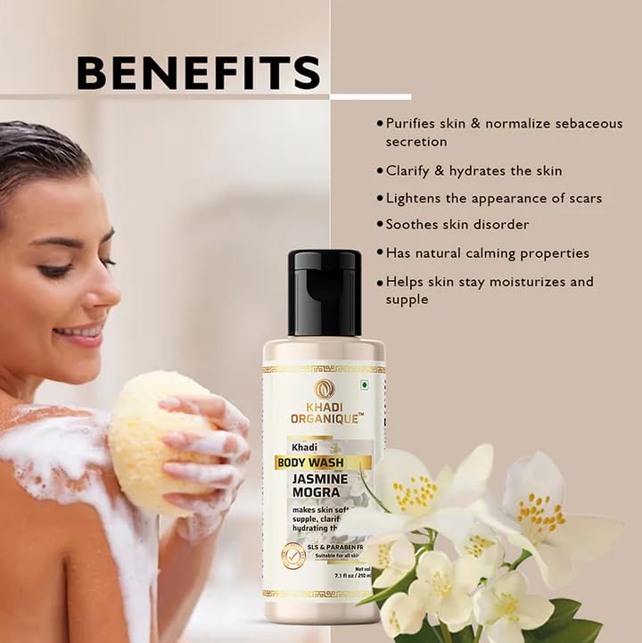 Image of Khadi Organique Jasmine Mogra Body Wash SLS & Paraben Free Luxurious Fragrance with Gentle Cleansing Nourishes and Refreshes Skin Daily, Suitable For All Skin Types Of Mens & Womens -210 ml.