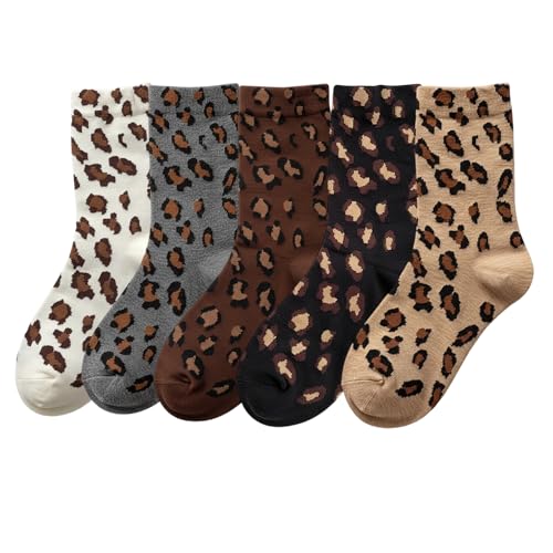 ZHLKHIOP 5-Pack Fashion Crew Socks, Leopard Socks Women, Cheetah Print Socks, Soft Breathable Material, One Size Fits Most