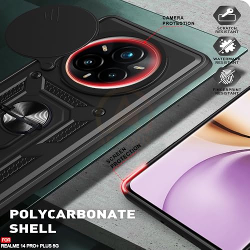 Image of Armor Bumper Back Cover Case for Realme 14 pro Plus 5g Rotating Camera Cover, Ring Holder & Kickstand | Heavy Duty & 360 Degree Protection Realme 14 pro Plus 5g Back Cover (Black)