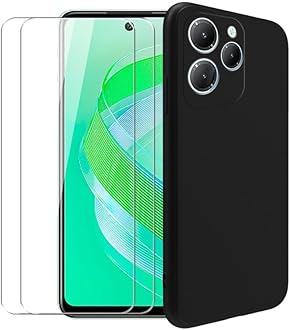 Case for Infinix Smart 8 + [2 Pack] Glass Screen Protector Tempered Film - Transparent Silicone Soft Flexible Bumper Shockproof TPU Protective Cover Shell for Infinix Smart 8 (Black)