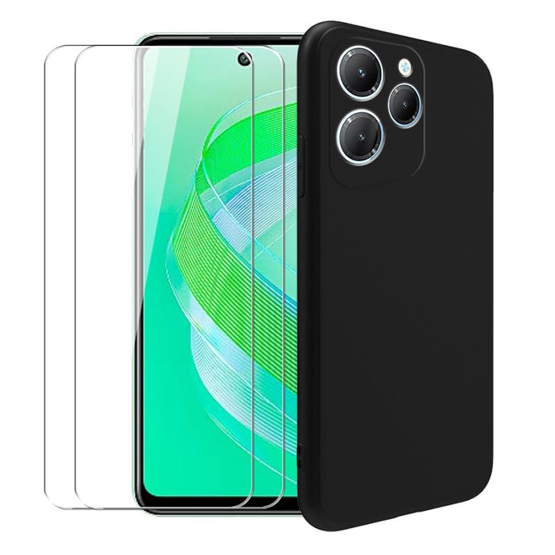 Case for Infinix Smart 8 + [2 Pack] Glass Screen Protector Tempered Film - Transparent Silicone Soft Flexible Bumper Shockproof TPU Protective Cover Shell for Infinix Smart 8 (Black)