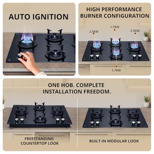 Image of Elica 60cm 4 Burner Auto Ignition Hob | RG FLEXI 460 LOTUS IND HD BRASS | SABAF Brass Burners | Built-in & Freestanding | Toughened Black Glass | 10-Year Burner & 5-Year Glass Warranty