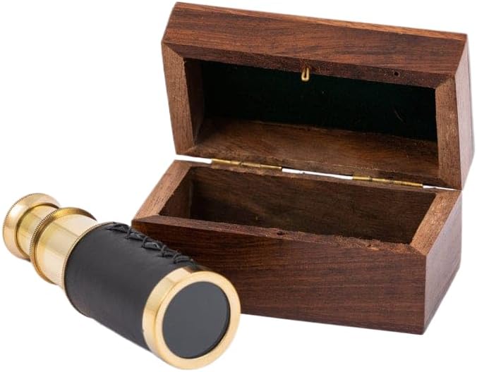 Vintage Brass Telescope with Wooden Storage Box, Decorative Nautical Maritime Spyglass, Antique Style Collectible 6 inch
