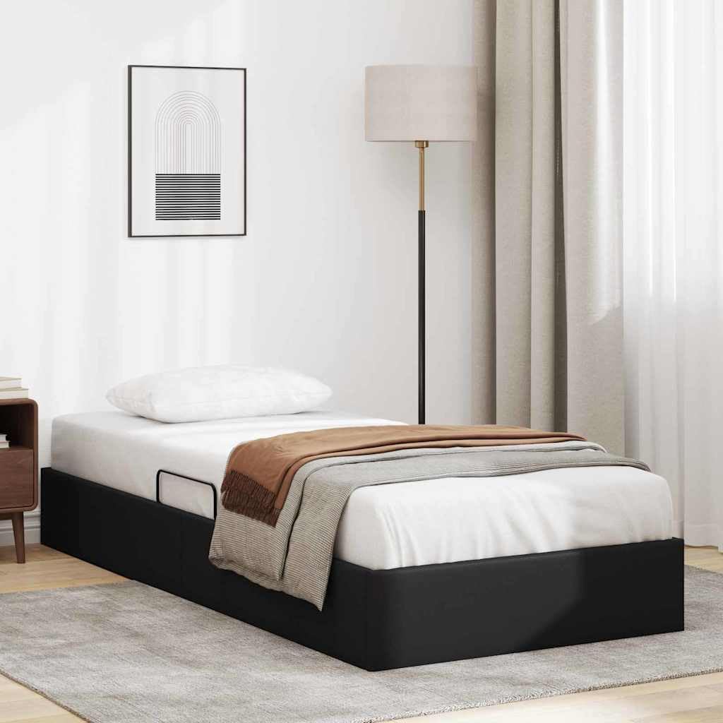 Storage Bed with Mattress Black Faux Leather Platform Bed Frame 39.37 x 79.92 in Durable Sturdy Slatted Foundation with Headboard for Modern Bedroom Storage