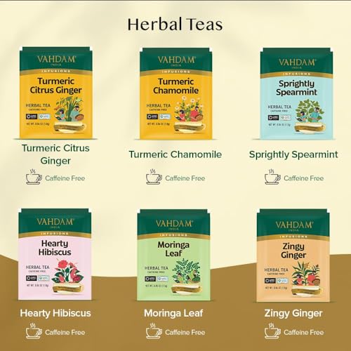 VAHDAM Set Regalo Tés Herbales | 36 Bolsitas, 6 Sabores | Cúrcuma Cítricos Jengibre, Cúrcuma Manzanilla, Hibisco, Moringa, Menta Verde, Jengibre | Sin Cafeína y No-OGM | Regalo Mujer y Hombre - imagen 3