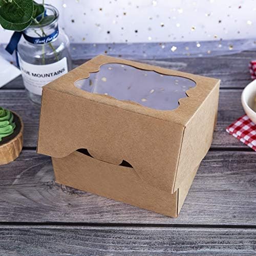 [25pcs]ONE MORE 6"x6"x3"Brown Bakery Boxes with PVC Window for Pie and Cookies Boxes Small Natural Craft Paper Box 6x6x3inch,Pack of 25