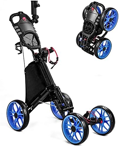 MOLANEPHY Golf Push Cart, 4 Wheel Golf Pull Cart -1 Click Folding Button, with Umbrella Drink Holder, Golf Accessories for Practice and Game
