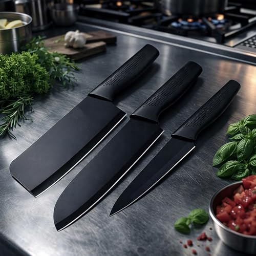 Image of BRAND VILLA Kitchen Knife Set of 3 with Blade Covers, Ultra Sharp Stainless Steel Chef Knife, Utility Knife & Paring Knife, Non-Stick Coated Blades, Ergonomic Anti-Slip Handle for Home Kitchen
