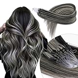 KiiKiiGirl Microlink Hair Extensions Human Hair,22 Inch #1B/Silver Natural Black to Silver Micro Loop Microbead Micro Link Hair Extensions Human Hair Invisible Straight 50g/50s