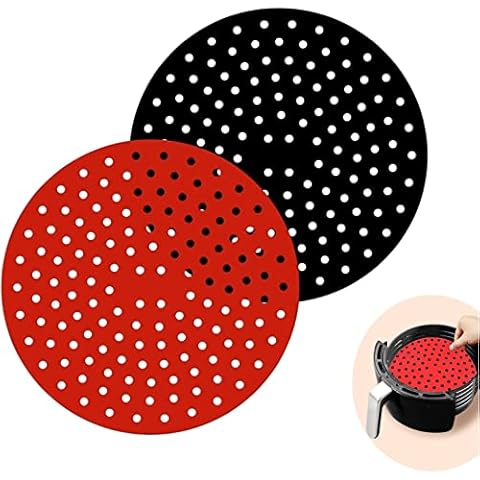 Non-Stick Air Fryer Liners, Air Fryer Accessory Set,8 inch Round Reusable Silicone Air Fryer Mats Heat Resistant Steamer Mats, (Red, Black) Cover