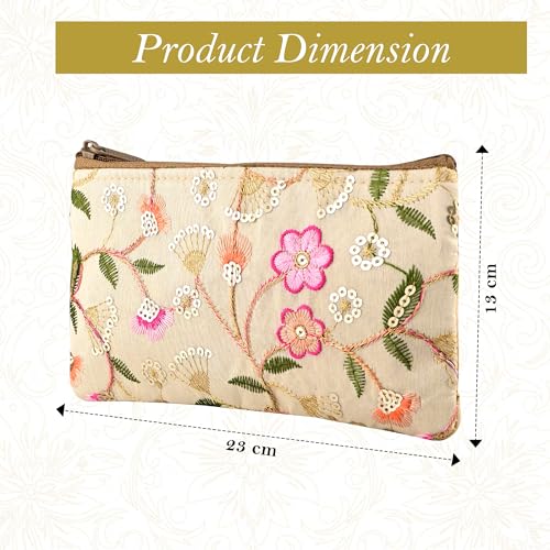 Image of Kuber Industries 3 Pcs Polyester Traditional Hand Purse Ladies with Zip | Embroidery Wallet Purse For Women | Ethnic Pouch for Party Wear | Return Gift for Ladies | New Flower - Cream