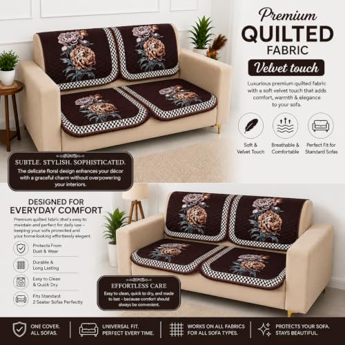 Image of Homerz 'Brooklyn Series' Premium Sofa Cover | Quilted Floral Design | Non-Slip Washable Sofa Protector | Soft Anti Slip Fabric (Ny Brown, 2 Seater, Seat Cover with Backrest)