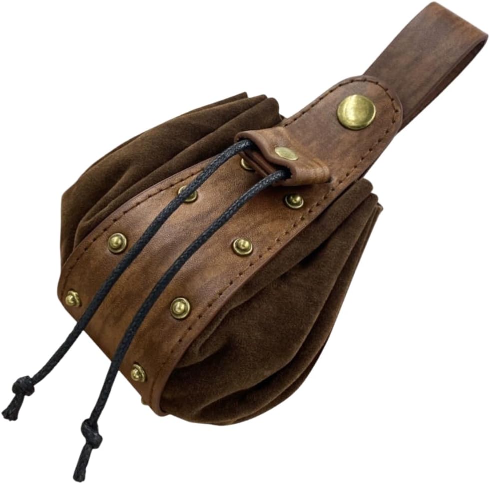 Vintage Medieval PU Leather Drawstring Pouch Middle Ages Portable Coin Purse Renaissance Viking Storage Rivet Belt Pack Bag for Men Women Costume LARP Ren Faire(Coconut Brown)